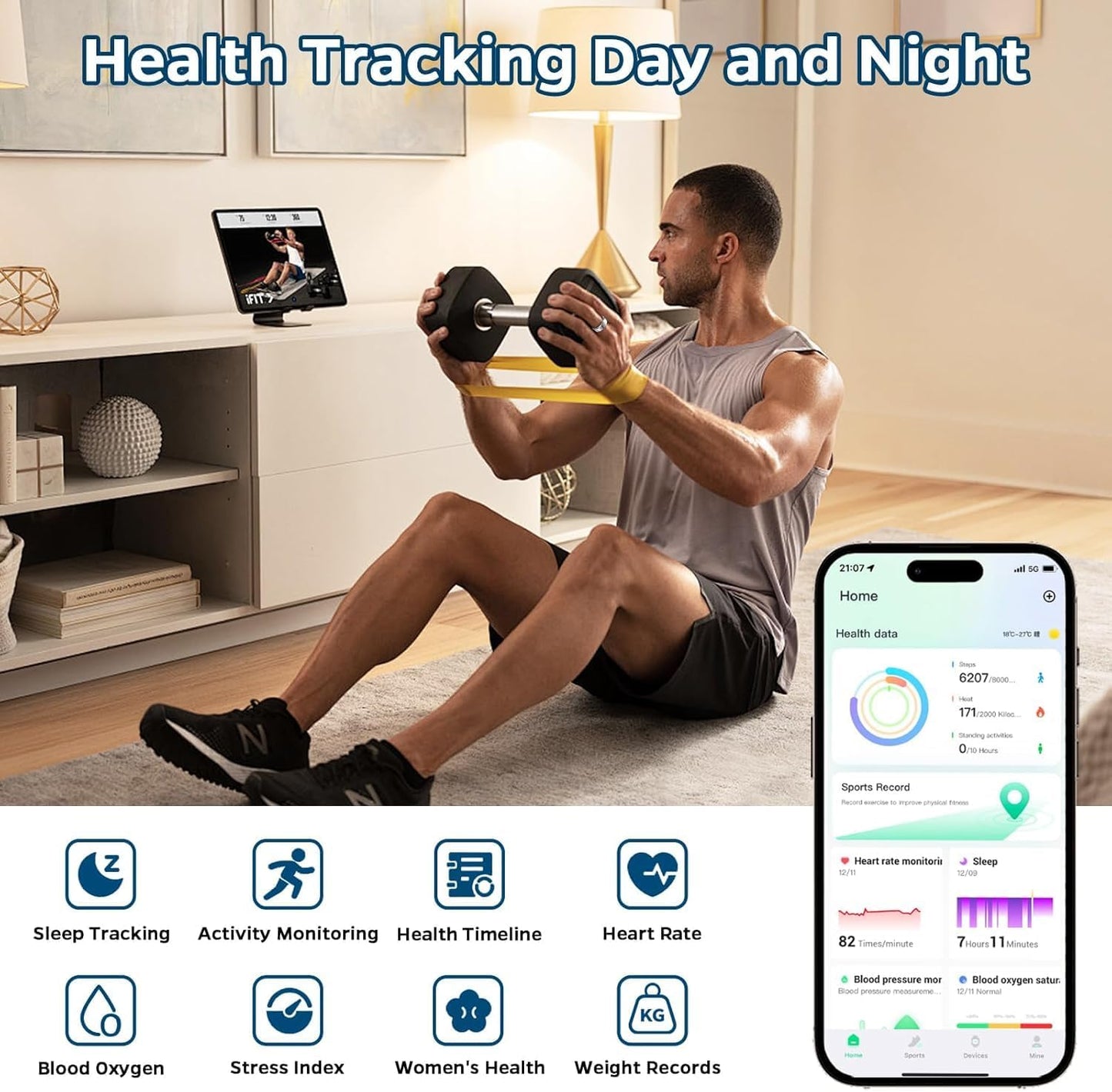 Sleep Tracker Ring with Heart Rate, Waterproof Fitness Ring for Activity Monitoring/Steps/Distance/Calories, Air Gestures, up to 7-Day Battery (Size 12)