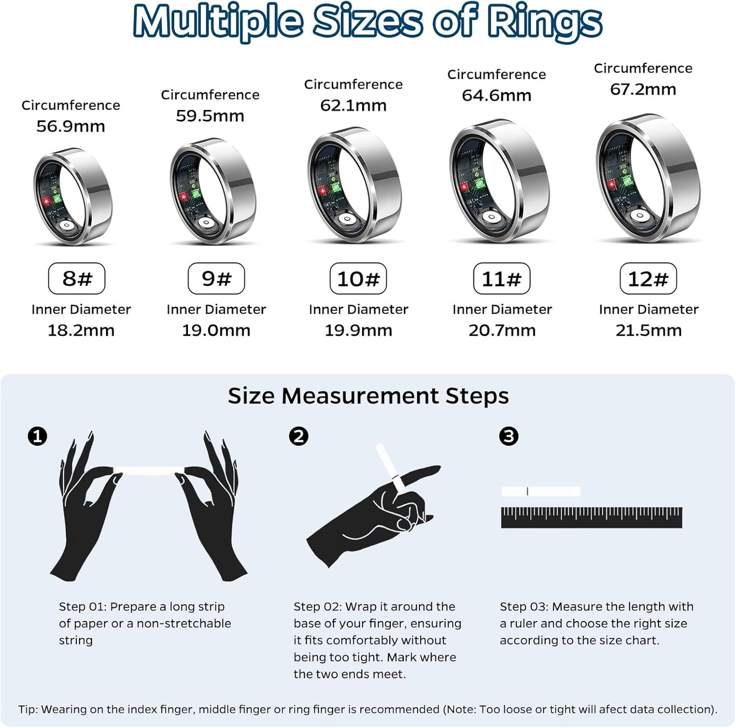 Sleep Tracker Ring with Heart Rate, Waterproof Fitness Ring for Activity Monitoring/Steps/Distance/Calories, Air Gestures, up to 7-Day Battery (Size 12)