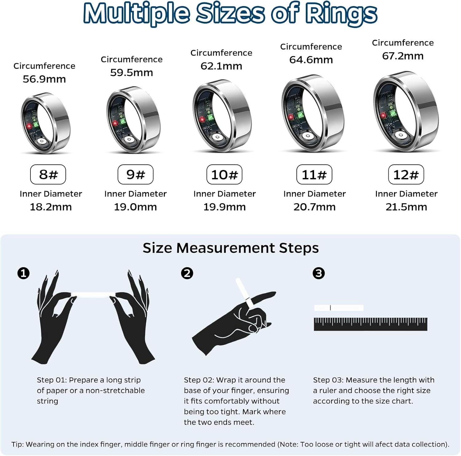 Sleep Tracker Ring with Heart Rate, Waterproof Fitness Ring for Activity Monitoring/Steps/Distance/Calories, Air Gestures, up to 7-Day Battery (Size 12)